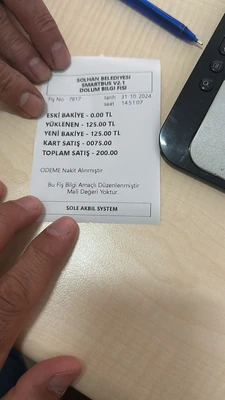 Solhan Belediyesi kart dolum bilgi fişi